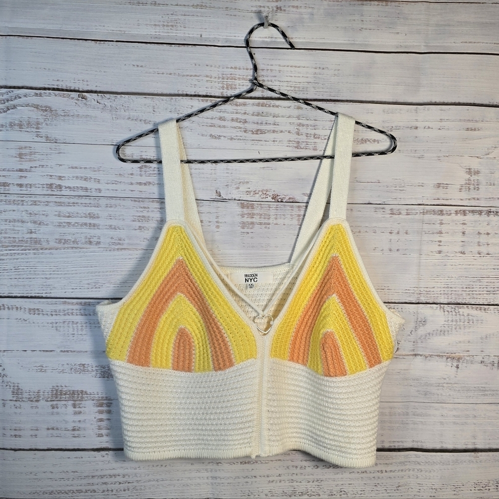 Madden NYC XXL Crochet Knit Crop Tank | Retro Boho White Orange Yellow New